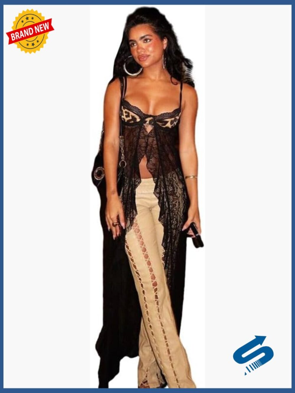 Leopard Print Spaghetti Strap Mesh Lace Camisole Backless Maxi Tank Top
